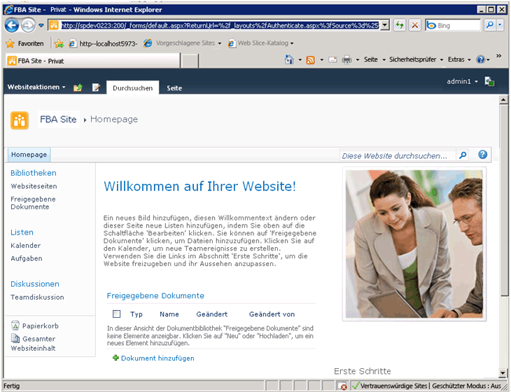 SharePoint-Website nach der Authentifizierung von Benutzer "admin1"