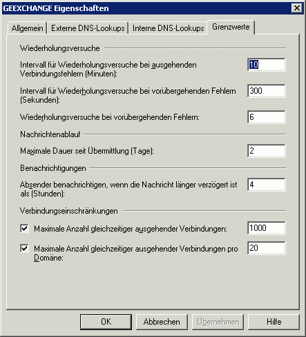 Transport-Server-Eigenschaften Grenzwerte (Registerkarte)