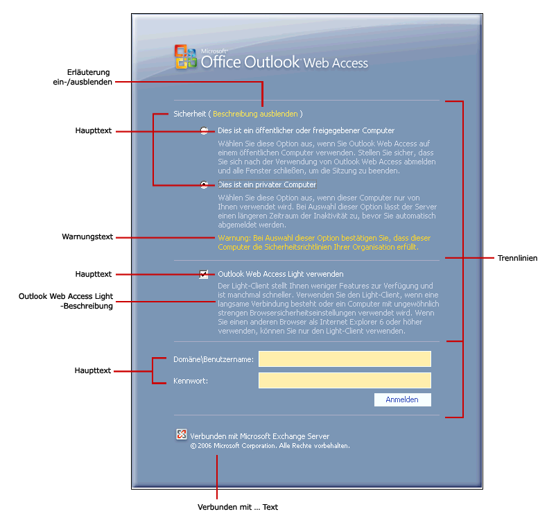 Outlook Web Access-Anmeldeseite mit Textoptionen