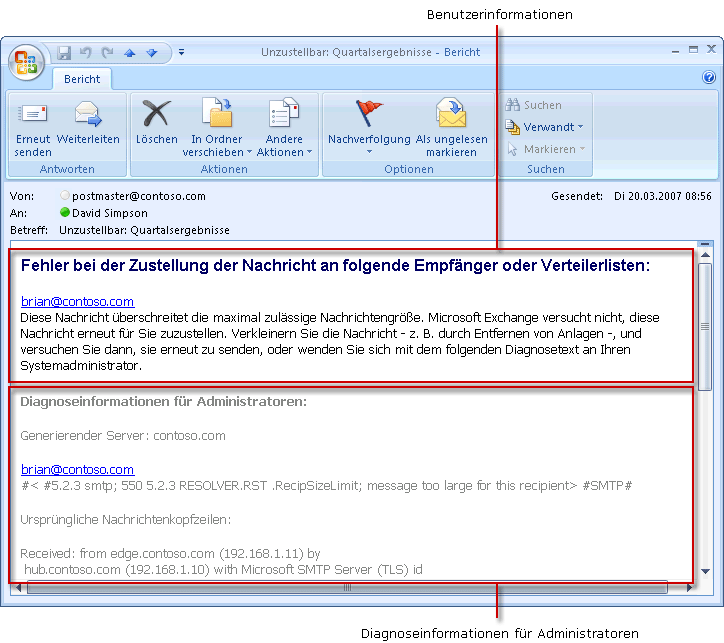 Unzustellbarkeitsbericht mit Diagnoseinformationen für Benutzer und Administrator
