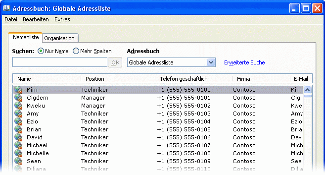In Outlook 2007 angezeigte Adresslisten
