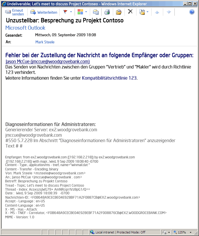 Von der Transportregel für ethische "Absperrung" generierter Unzustellbarkeitsbericht