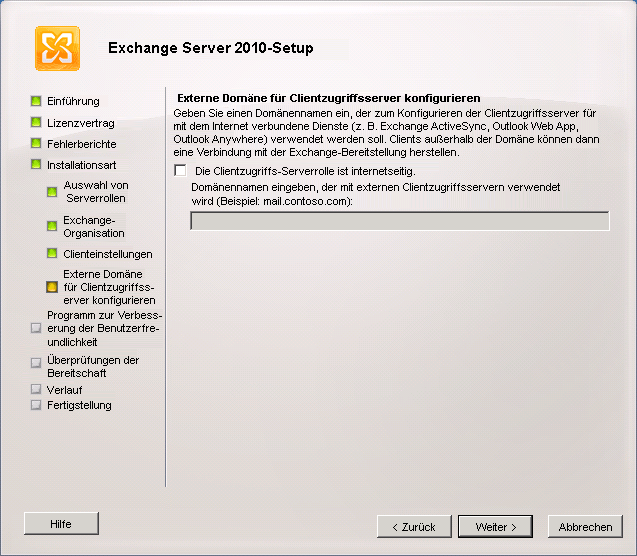 Konfigurieren einer externen Domäne für den Clientzugriffsserver