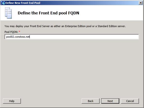 FQDN des Assistenten zum Definieren eines neuen Front-End-Pools