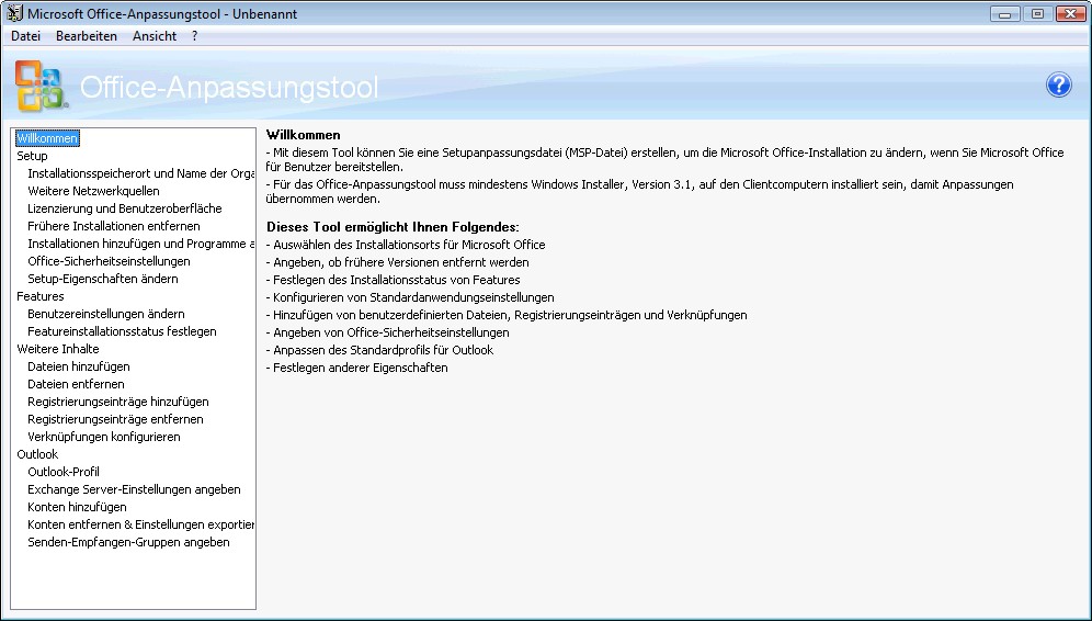 Willkommensseite des Office-Anpassungstools