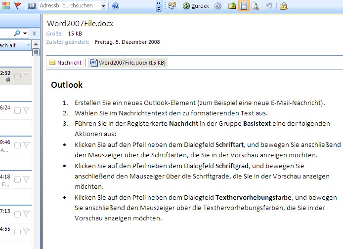 Vorschau einer Word-Anlage im Outlook-Lesebereich