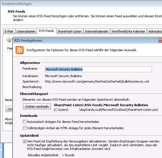 RSS-Feedoptionen in Outlook 2007