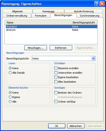 Registerkarte 'Berechtigungen' in den Eigenschaften des Posteingangs