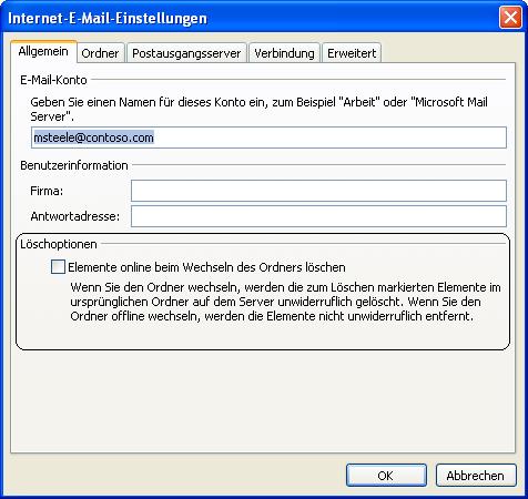 Option zum Löschen in den Internet-E-Mail-Einstellungen