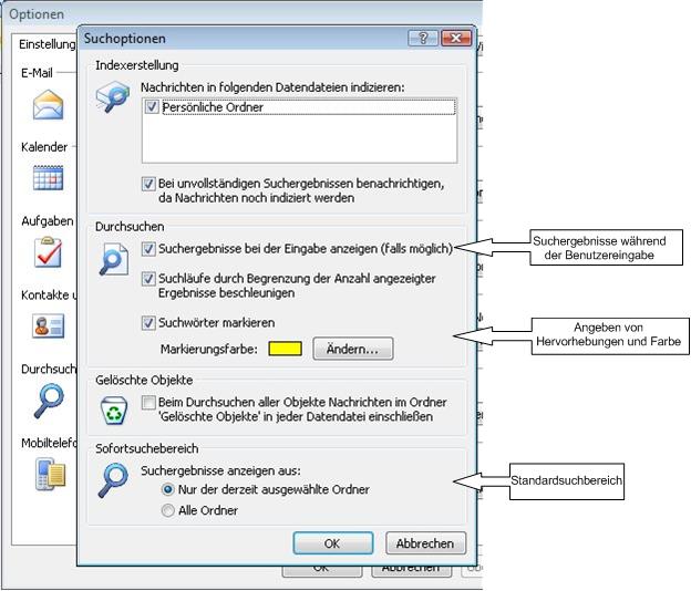 Dialogfeld mit Suchoptionen von Outlook