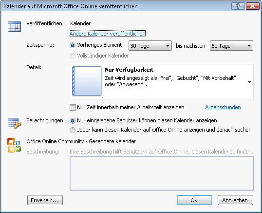 Kalenderveröffentlichungsoptionen für Office Online