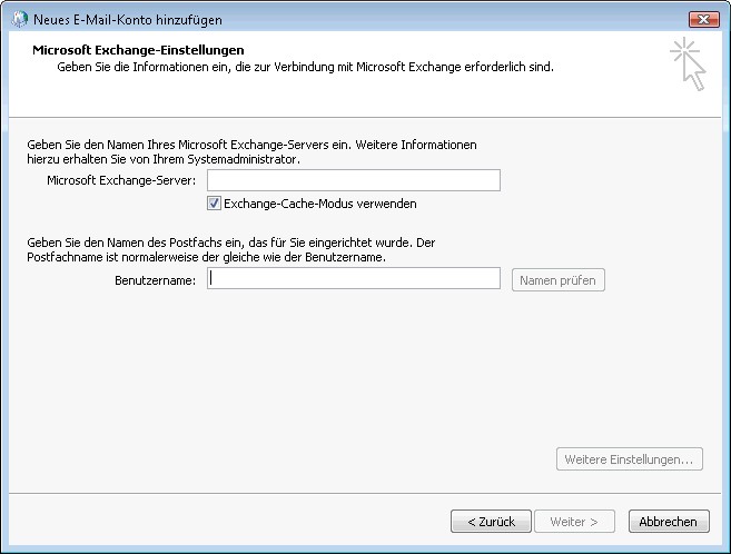 Hinzufügen eines neuen Microsoft Exchange-E-Mail-Kontos