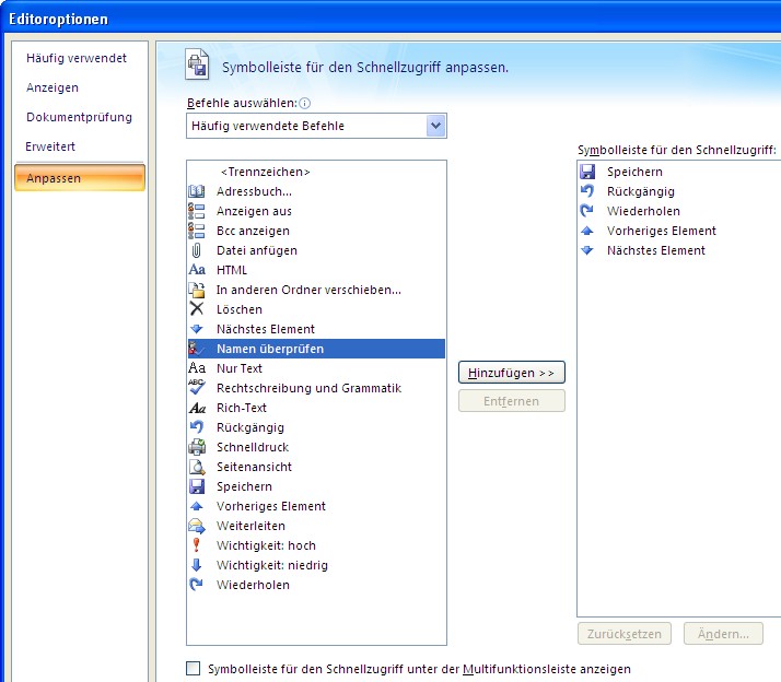 Anpassung der Symbolleiste für den Schnellzugriff deaktiviert in den Editor-Optionen