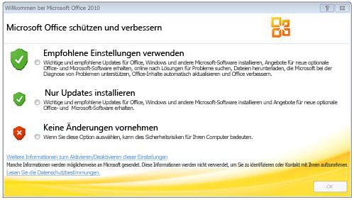 Office 2010-Willkommensseite mit Datenschutzoptionen