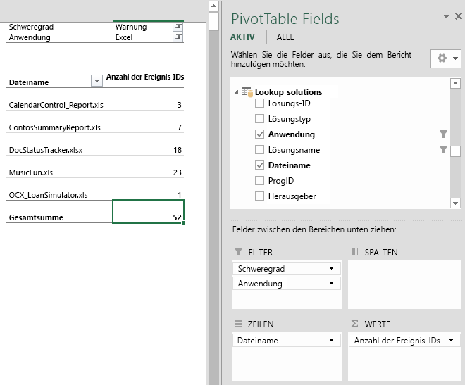 Die Darstellung zeigt, wie Excel-Probleme mit dem Schweregrad "Warnung" in einem benutzerdefinierten Bericht angezeigt werden. In einer Spalte steht der Dateiname, und in der anderen Spalte ist die Anzahl der Warnereignisse aufgeführt.