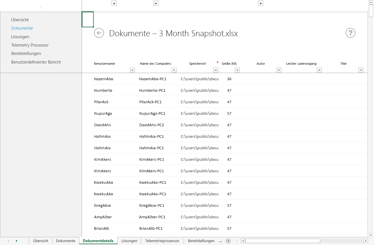 Ein Screenshot des Arbeitsblatts "Dokumentdetails" im Office-Telemetriedashboard.