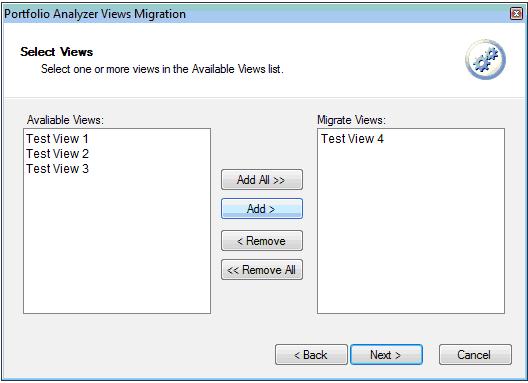 Dialogfeld zur Migration von Sichten in Portfolio Analyzer