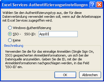 Dialogfeld 'Excel Services-Authentifizierungseinstellungen'