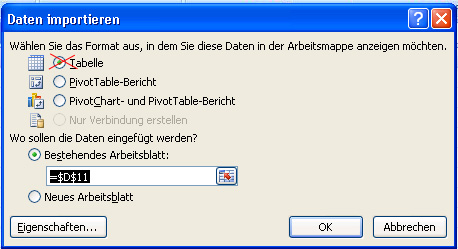 Excel Services – Dialogfeld 'Daten importieren'