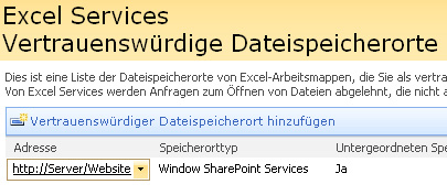 Vertrauenswürdige Dateispeicherorte in Excel Services – hinzufügen