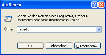 Excel Services – Bildschirm 'regedit'