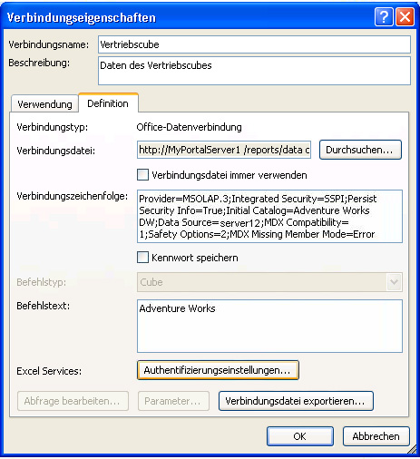 Einstellungen von Excel Services-Verbindungseigenschaften