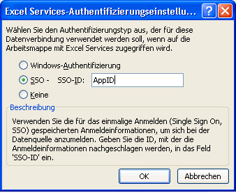 Dialogfeld 'Excel Services-Authentifizierungseinstellungen'