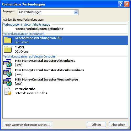 Vorhandene Verbindungsdateien von Excel Services