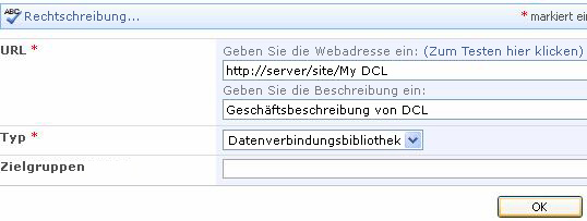 Dialogfeld zum Einrichten der Datenverbindungsbibliothek in Excel Services