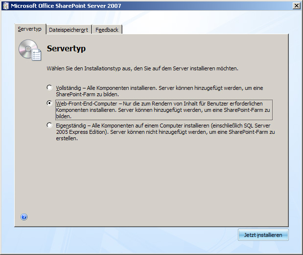 Setup-Assistent – Typ 'Web-Front-End-Computer'