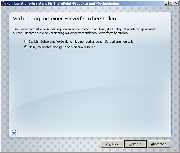 Konfigurations-Assistent stellt Verbindung mit einer Farm her
