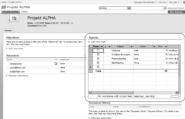 Datenblattansicht der neuen Tagesordnung