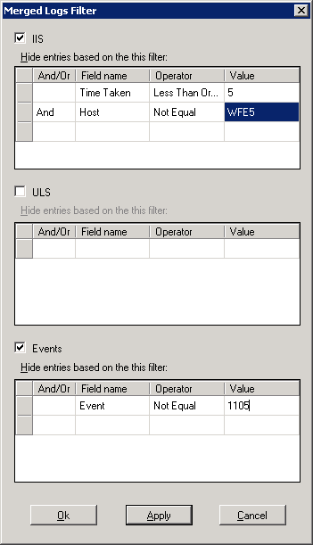 Das Dialogfeld für den SPDiag-Protokollfilter (Log Filter)