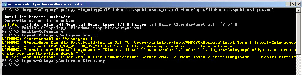 Windows PowerShell – Warnung beim Konfigurieren des Vorversionstopologieimports