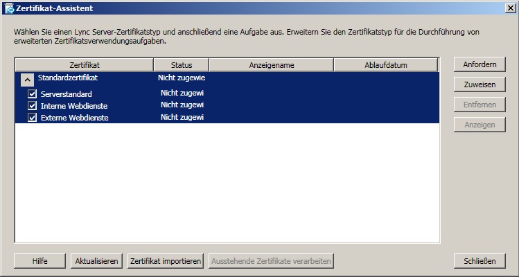 Zertifikat-Assistent: Zertifikate auswählen