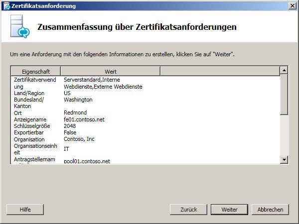 Zertifikatsanforderung – Zusammenfassung (Seite)