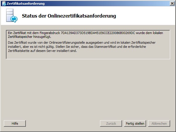 Status der Onlinezertifikatsanforderung (Dialogfeld)