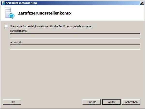 Zertifizierungsstellenkonto (Dialogfeld)