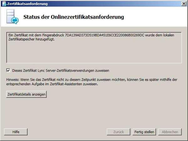 Status der Onlinezertifikatsanforderung (Dialogfeld)