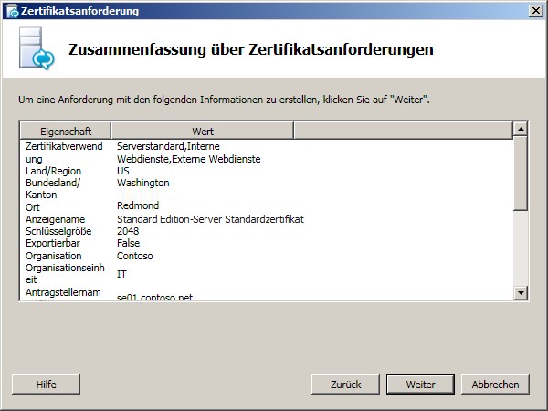 Zusammenfassung über Zertifikatsanforderungen (Dialogfeld)
