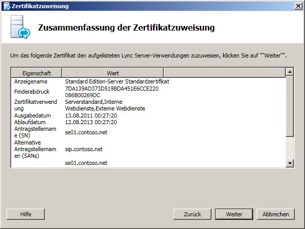 Zusammenfassung der Zertifikatzuweisung (Dialogfeld)