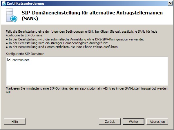 SIP-Domäneneinstellung für alternative Antragstellernamen (Dialogfeld)