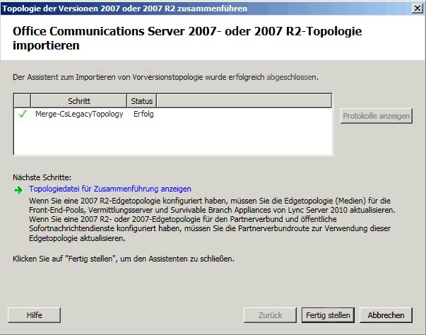 Topologien zusammenführen – Importstatus (Dialogfeld)