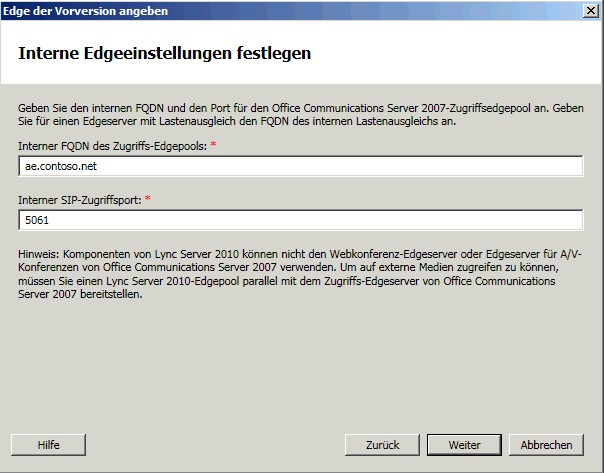 Interne Edgeservereinstellungen festlegen (Dialogfeld)