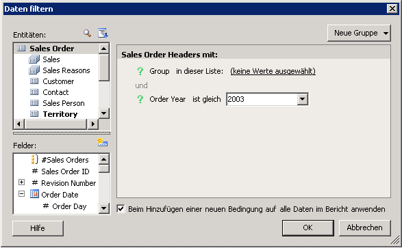 Dialog "Daten filtern" mit den angegebenen Parametern