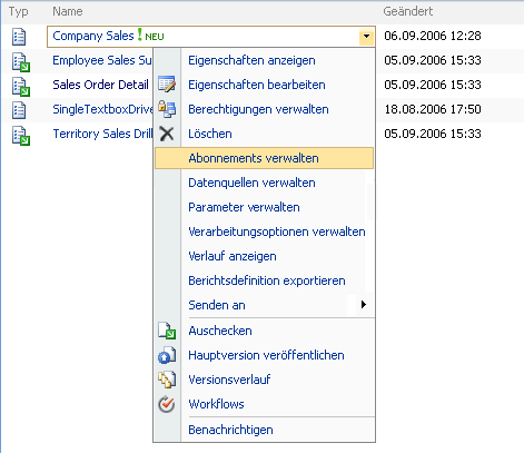 Menüelemente für eine Berichtsdefinition