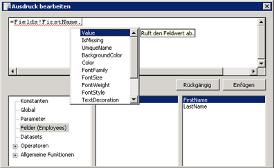 Bearbeiten Sie das Dialogfeld "Ausdruck" mit Intellisense