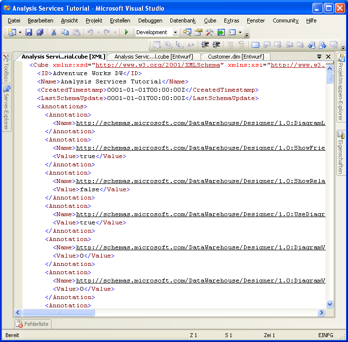 XML-Code für den Analysis Services Tutorial-Cube