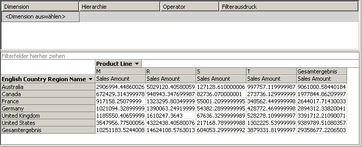 Internet Sales dimensioniert nach Land/Region und Produkt