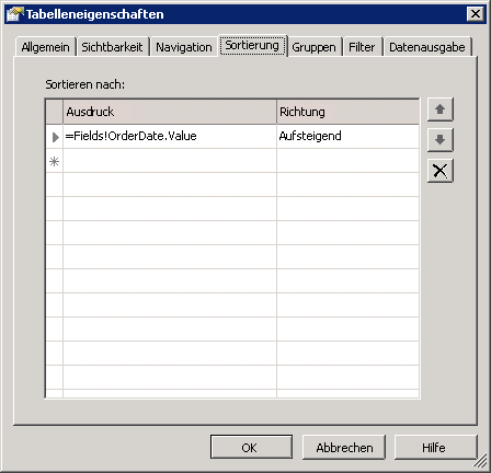 Sortierung (Registerkarte), Tabelleneigenschaften (Seite)